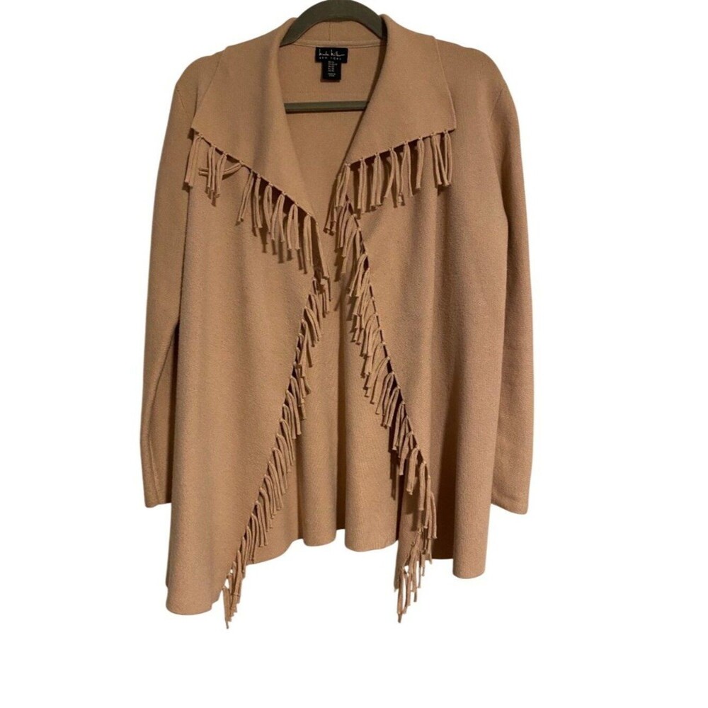 Nicole Miller XS Camel Tan Cardigan Sweater Open Fringe Rayon Blend Hippie Boho
